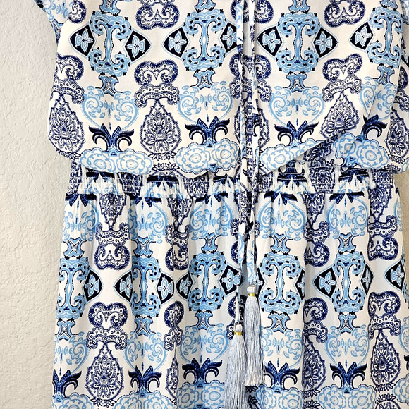 Adrianna Papell Floral Maxi Dress Size 12 Blue w Tassel Tie Front Stretch Waist - Picture 7 of 16